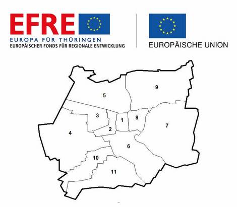Logo Europäischer Fonds für regionale Entwicklung (EFRE) und Europäische Union und Karte des Stadtgebietes Gotha Logo Europäischer Fonds für regionale Entwicklung (EFRE) und Europäische Union und Karte des Stadtgebietes Gotha, öffnet größere Ansicht