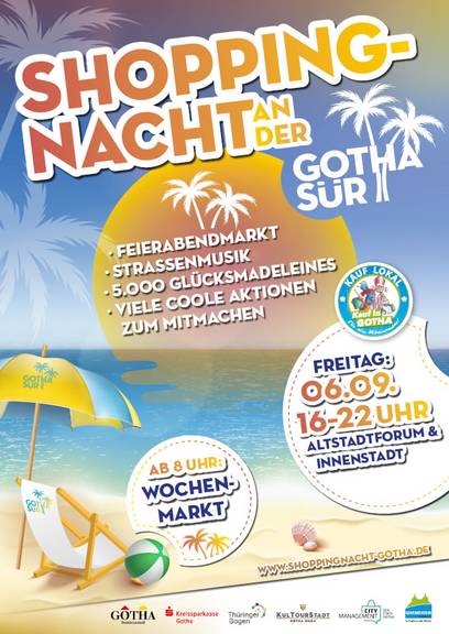 Großes Finale des GOTHAsür-Sommers mit großer Shoppingnacht Plakat zur Shoppingnacht mit einem Liegestuhl am Strand, öffnet größere Ansicht