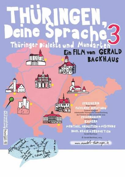 Eine Landkarte von Thüringen mit Skizzen von alten Häusern, öffnet größere Ansicht