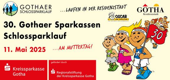 30. Gothaer Sparkassen-Schlossparklauf Grafik mit Text und Comicfiguren, öffnet größere Ansicht