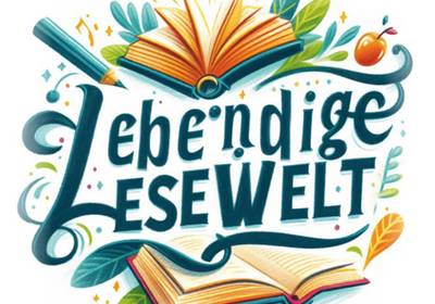 Logo Projekt Lebendige Lesewelt vom art der Stadt e.V. Grafik mit Schriftzug Lebendige Lesewelt und einem aufgeklappten Buch.