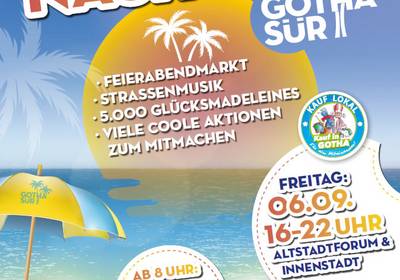Großes Finale des GOTHAsür-Sommers mit großer Shoppingnacht Plakat zur Shoppingnacht mit einem Liegestuhl am Strand, öffnet größere Ansicht