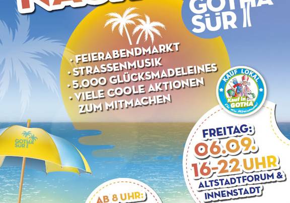 Großes Finale des GOTHAsür-Sommers mit großer Shoppingnacht Plakat zur Shoppingnacht mit einem Liegestuhl am Strand, öffnet größere Ansicht