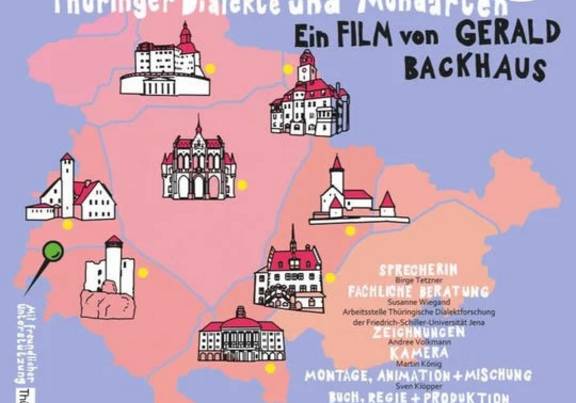 Plakat zum Film © Gerald Backhaus Eine Landkarte von Thüringen mit Skizzen von alten Häusern, öffnet größere Ansicht