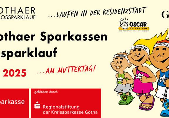 30. Gothaer Sparkassen-Schlossparklauf Grafik mit Text und Comicfiguren, öffnet größere Ansicht